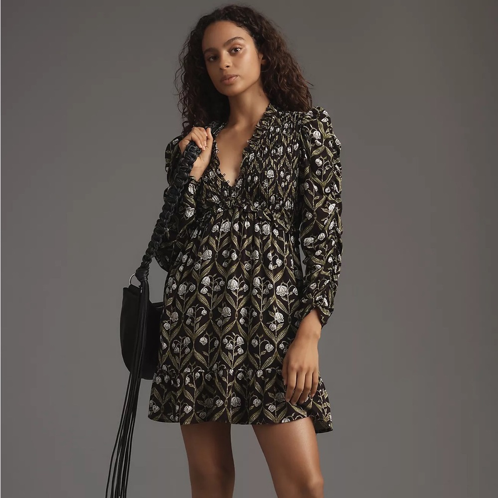 Anthropologie Long-Sleeve V-Neck Ruffle Mini Dress in Black Motif